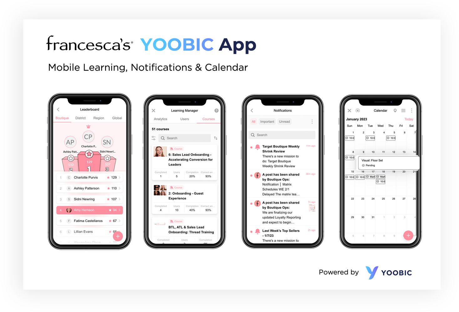 YOOBIC App for francesca's : Learning, notifications and calendar
