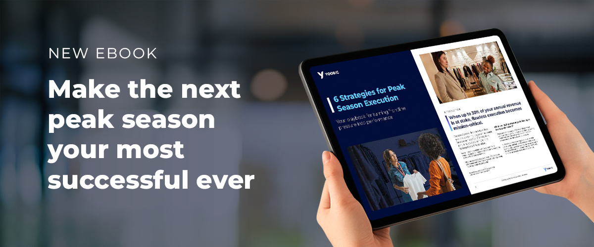 Person holding tablet showing YOOBIC’s ‘6 Strategies for Peak Season Execution’ eBook cover and preview