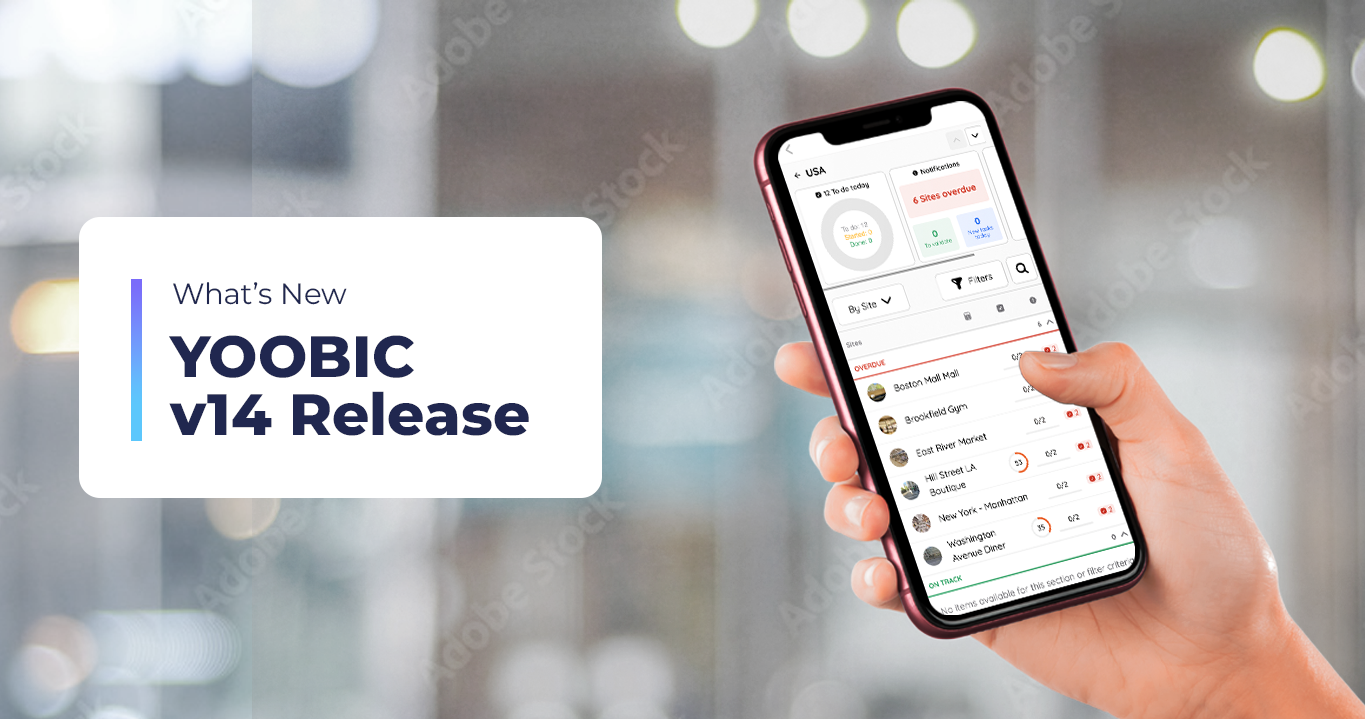 YOOBIC v14 release announcement graphic showing a smartphone with the new Activity Hub dashboard. The screen displays overdue site updates and task tracking features, highlighting improved visibility for retail managers.